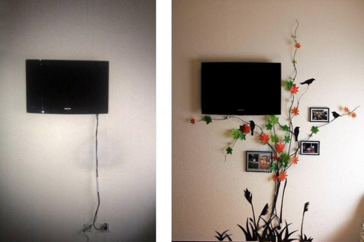 Гілки сухих та штучних рослин - як сховати дроти від телевізора