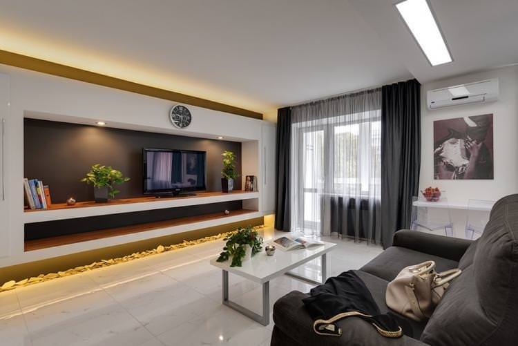 Оформлення ТВ-зони - Дизайн вітальні в стилі мінімалізм