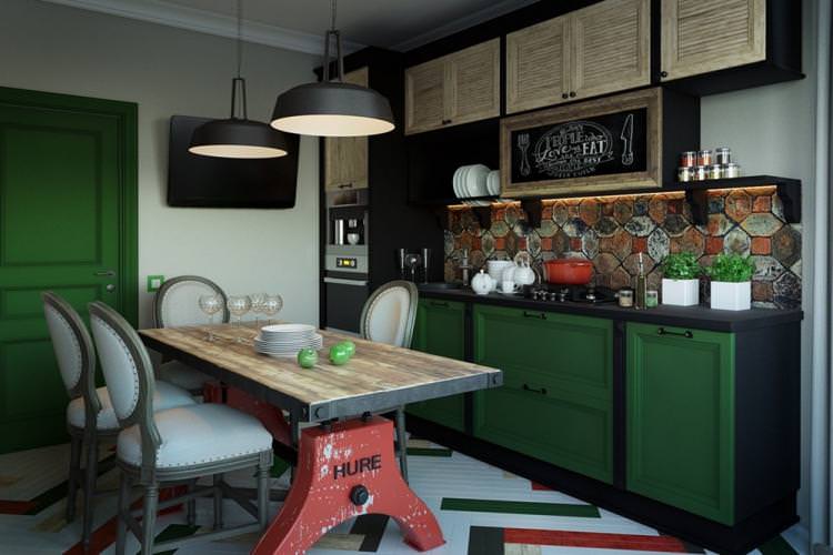 Зелена кухня в стилі лофт - Дизайн інтер'єру